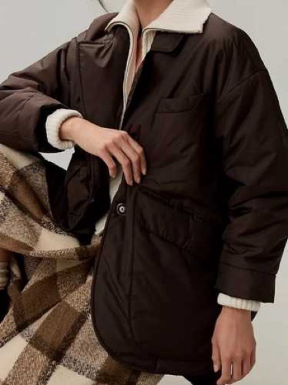 Anthropologie Maeve Dark Brown Quilted Puffer Jacket with Cream CollarSize M